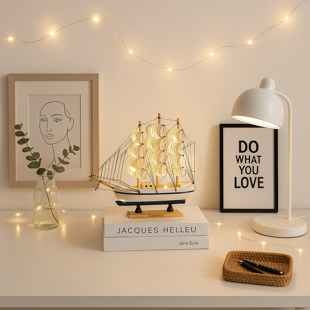 Decorative setup with a ship model, books, and a lamp on a shelf.